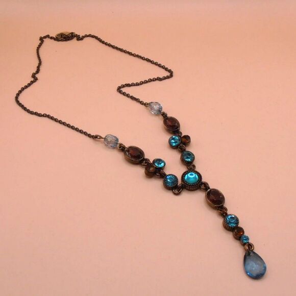 VTG Nina Ricci Stamped Blue Lariat Style Silver Tone Chain Necklace - Picture 3 of 6